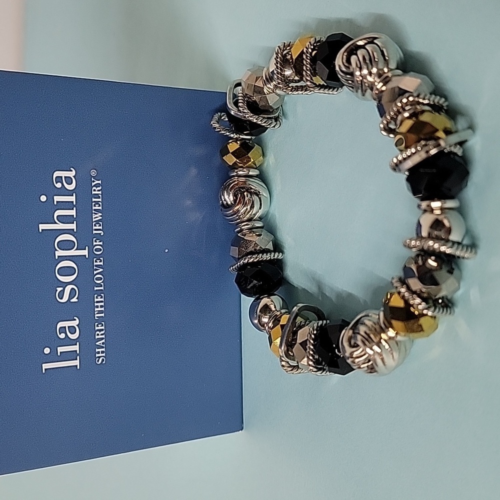 Lia Sophia Paula Stretch Bracelet Black & Gold Glass & Resin Beads
